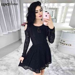 Free Women Lace Bandage Dress O-Neck Hollow Long Sleeve Bodycon A Line Elegant Club Evening Party 210524