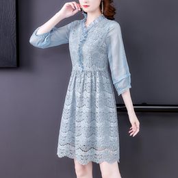 Casual Dresses Women's Autumn Dress Spring 2022 Office Lady French Style Three Quarter Sleeve Solid Lace V-Neck Light Blue