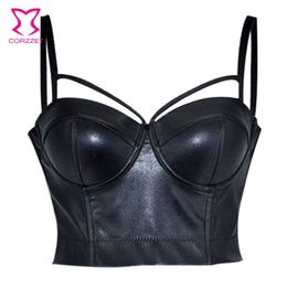 Corzzet Steampunk Women PU Leather Strap Push Up Bralet Vest Gothic Bustier Bra Plus Size 6XL Ladies Rock Punk Black Cropped Top 210407