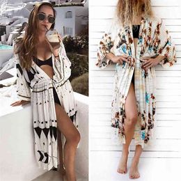 Floral Cover Up Kimono Beachwear Tunic Bathing Suit Cardigan High Split Swim Dress Summer Holiday Swimwear Bohemian Skirt 210604