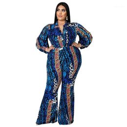 Fall Winter Plus Size Women Jumpsuits Fashion Printed Casual Long Sleeve Turn-down Bell-bottomed Rompers 2XL--6XL Real Images Women's &
