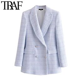 TRAF Women Fashion Double Breasted Tweed Check Blazer Coat Vintage Long Sleeve Pockets Female Outerwear Chic Veste 210930