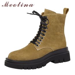 Ankle Boots Women Shoes Genuine Leather Platform Flat Short Zipper Cross Tied Ladies Autumn Winter Green 40 210517