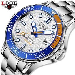 LIGE Top Brand Fashion Sports Diver Watch For Men Steel Waterproof Date Clocks Man Watch Quartz Wrist Watches Reloj Hombre 210527