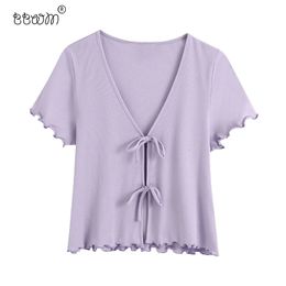 Women Stylish Sweet Lace-up Ribbed Cropped Blouses Vintage V Neck Short Sleeve Shirts Female Chic Tops 210520