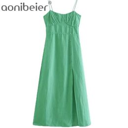 Summer Green High Waist Female Long Maxi Dress Tie Back Split Buttons Spaghetti Strap Women Ankle Length 210604