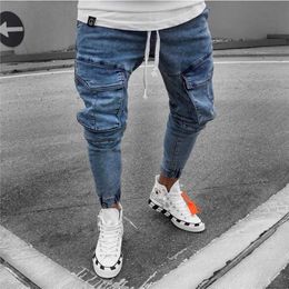 Mens Jeans with Side Pockets Denim Men Trouser Slim Fit Jeans Men Slim Elastic Waist Pants Calca Motociclista 211104