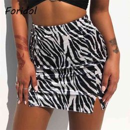 Foridol Zebra Print Velvet Side Slit Bodycon Mini Skirts Women Sexy High Waist Butterfly Animal Print Short Skirts Bottoms 210415