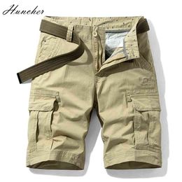 Huncher Cargo Shorts Mens Solid Side Pockets Tactical Short Pants Casual Military Jogging Khaki Plus Size For Men 210716
