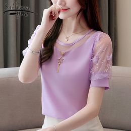 Pink Shirts Solid Puff Sleeve Fashion Women Blouse and Tops Plus Size Summer Ladies Chiffon 3655 50 210521