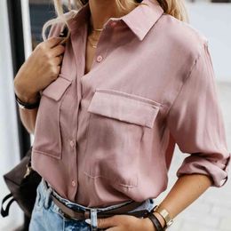 Women Pink Blouse Casual Turn-down Long Sleeve Single Buttons Pockets Simple Shirt Ladies Elegant Solid Loose Streetwear Autumn 210412
