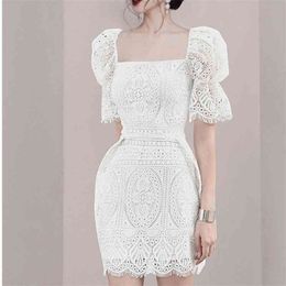 Female Elegant White Lace Party Dress Women Summer Puff Sleeve Vintage High Quality Runway Dresses Vestidos 210520