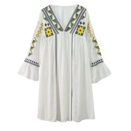 Women Red Yellow White Geometric Embroidery Bohemian Dress V-neck A-line Flare Long Sleeve Zipper D2487 210514