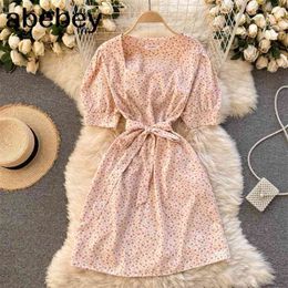 Short Sleeve Square Collar Pleated Mini Femme Dresses Bodycon Sexy Vacation Dress Vestido Floral Printed A Line Sundress 210715