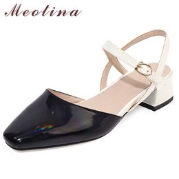 Meotina Shoes Women Mid Heels Slingbacks Pumps Square Toe Block Heel Buckle Footwear Summer Female Shoes Black White Size 33-46 210608