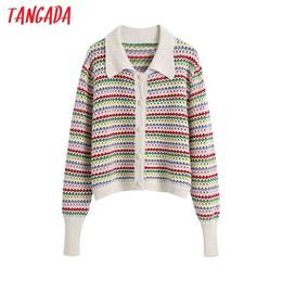 Women Rainbow Striped Jacquard Cardigan Hollow Out Crochet Knitted Sweater Coat Female Chic Tops BE237 210416