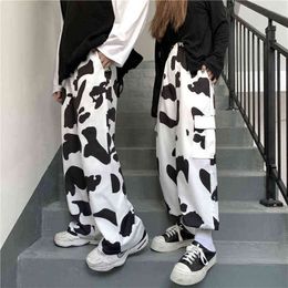 Cow Print Pants Women Korean Style Wide Leg Pants Harajuku Trousers Autumn Multiple pockets Sweatpants Clothes Streetwear Women Y211115
