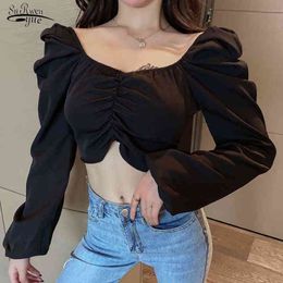 Fashion Pleated Clavicle Spring Sexy Short Tops Sweet Long Puff Sleeve Shirt Solid Slim Blouse Women Blusas Mujer De Moda 12578 210521