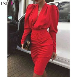 Lslaica Women's new party dress street hipster red V-neck bubble long-sleeved fashion temperament Slim bodycon dress autumn G1214
