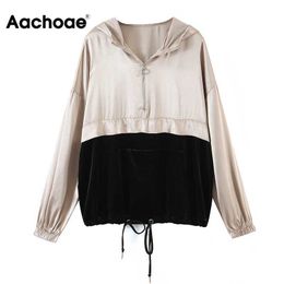 Aachoae Women Patchwork Hooded Hoodies Autumn Spring Batwing Long Sleeve Loose Velvet Sweatshirt Zipper Fashion Ladies Tops Y0820