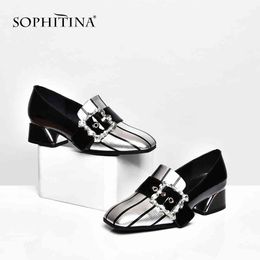 SOPHITINA Square Toe Pumps High Quality Genuine Leather Comfortable Square Heel Fashion Mixed Colors Shoes Women's Pumps SO302 210513