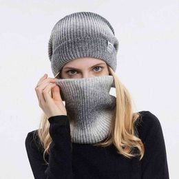 Autumn And Winter Gradient Colour Knitted Hat Cap Two-piece Hat With New Scarf Ear Protection Thickened Cold Warm Knitted Y21111