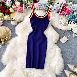 Knitted Vestidos Contrast Color Sexy Dresses Women Stretch High Waist Fashion Retro Mini Dress Summer 16507 210415