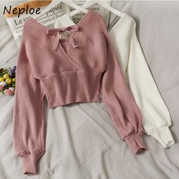 Neploe V Neck Cross Bow Design Sexy Open Back Sweater Pullover Long Sleeve Slim Fit Knit Pull Femme Spring Outwear Solid Sueter 210423