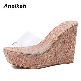 -Aneikeh Sexy Summer Mujeres Clear Transparent Plataforma Cuñas Sandalias Ultra High Heels Wooded Mule Silde Shoes Spreeers al aire libre 210412