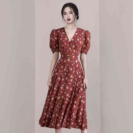 Fashion Women Summer Pleated Dress Elegant Vintage Puff Sleeve Red Print Midi Dresses Vestoidos 210520