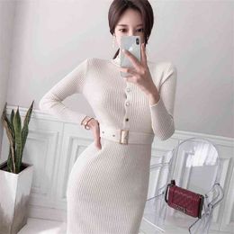 winter knitting single-breasted han edition OL temperament cultivate one's morality fashion bag hip sweater dress 210602