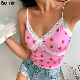 Sweat Summer Strawberry Print Strap Patchwork Lace Cami Women Crop Tops Backless V Neck Sexy Camis Wrap Cute Bustier Tank Top 210510