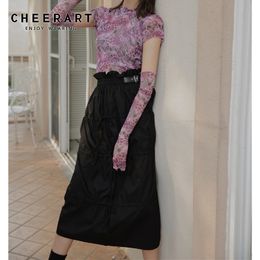 Drawstring High Waist Skirt Women A Line Long Midi Black Casual With Belt Fashion Clothing 210427