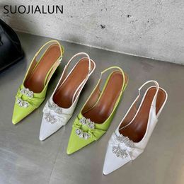 SUOJIALUN Ladies Fashion Thin Low Heel Sandals Pointed Toe Slingback Sandals For Women Party Shoes Slip On Mule Shoes Pumps Shoe C0330