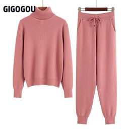 GIGOGOU Two Piece Set Women Knit Sport Suits Thick Warm Turtleneck Women Sweater + Drawstring Harem Pants Winter Jogging Outfits 210709