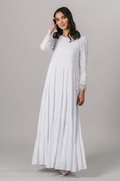 A-line Crepe Lace Temple Wedding Dresses Bridal Gowns Long Sleeves Jewel Neck Zipper Back Floor Length Modest Bride Dress