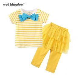 Mudkingdom Summer Toddler Girls Outfits Stripe Bow T-shirt and Tutu Bermuda Shorts for Baby Girl Clothes Suit Kids Short Set 210615