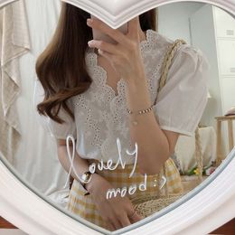 short sleeve Tops Embroidery Lace Shirt Linen Cotton Girls Plus Size Summer Women Blouse White femme Blusas 210417