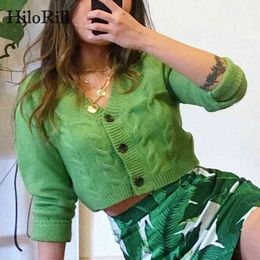 Solid Casual V Neck Twist Sweater Women Long Sleeve Green Short Tops Fashion Knitted Cropped Cardigan Female 210508