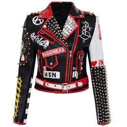 Mode Graffiti Nieten Perlen Pu Mäntel Frauen Ketten Sticthing Leder Jacke Punk Rock Gestellte