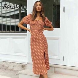 Foridol Polka Dot Long Dress Women Summer Puff Sleeve Boho Maxi Lace Up Side Slit Brown Beach Vintage 210415