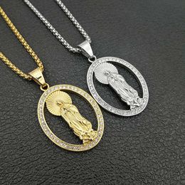 Pendant Necklaces Hip Hop Rhinestones Paved Bling Iced Out Gold Color Stainless Steel Hollow Round Virgin Mary Pendants Necklace For Men Jew