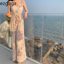 Ezgaga Summer New V-Neck Knit Rompers Women Jumpsuit Floral Sleeveless High Waist Loose Lace Up Elegant Jumpsuit Holiday Fashion 210430