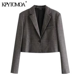 Women Fashion Single Button Cropped Cheque Blazer Coat Long Sleeve Female Outerwear Chic Veste Femme 210420