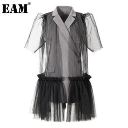 [EAM] Women Gray Mesh Irreuglar Long Blazer Lapel Short Sleeve Loose Fit Jacket Fashion Spring Summer 1DD8663 211019