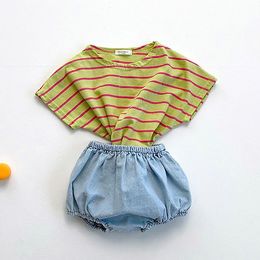 Korean style baby girls loose clothing sets oversized striped short sleeve T shirt with cute denim shorts 0-2Y 210508