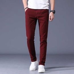 2021 Fashion Boutique Solid Color Trousers Men's Breathable Stretch Cotton Slim Straight Casual Pants Black Wine Red Gray Blue Y0811
