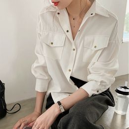 Plus Size 4XL Office Ladies Blouses Shirts Single-breasted Lapel Female Tops Women White Femme Blusas Loose 210423