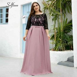 Elegant Dresses A-Line O-Neck Empire Bow Lace Contrast Colour Sexy Woman's Dresses Evening Formal Party Gowns Plus Size Robe 210409