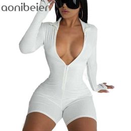 Letter Embroidery Long Sleeve Rib Knit Women Rompers Spring Autumn Turtleneck Zipper Front Skinny Jumpsuit Playsuit 210604